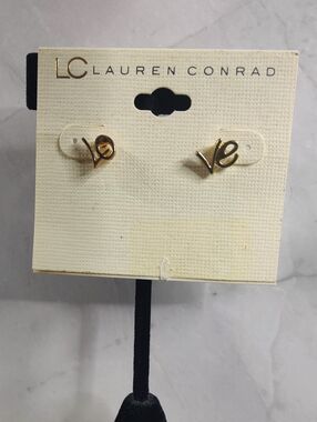 LC Lauren Conrad “Love” Script Gold Stud Earrings Minimalist Romantic NWT